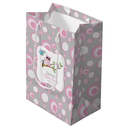 Roze en Grijs Baby Uil Baby shower Medium Cadeauzakje (Voorkant Gekanteld)