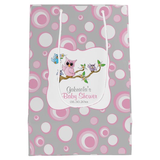 Roze en Grijs Baby Uil Baby shower Medium Cadeauzakje (Achterkant)