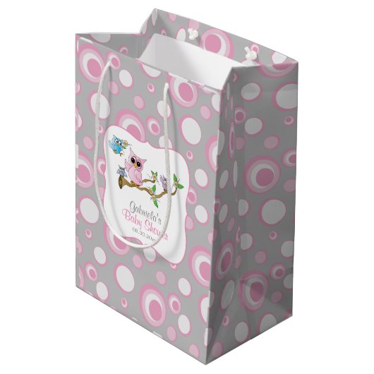 Roze en Grijs Baby Uil Baby shower Medium Cadeauzakje (Achterkant Gekanteld)