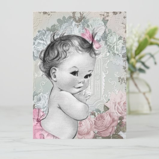  roze en grijs babymeisje kaart (Staand voorkant)