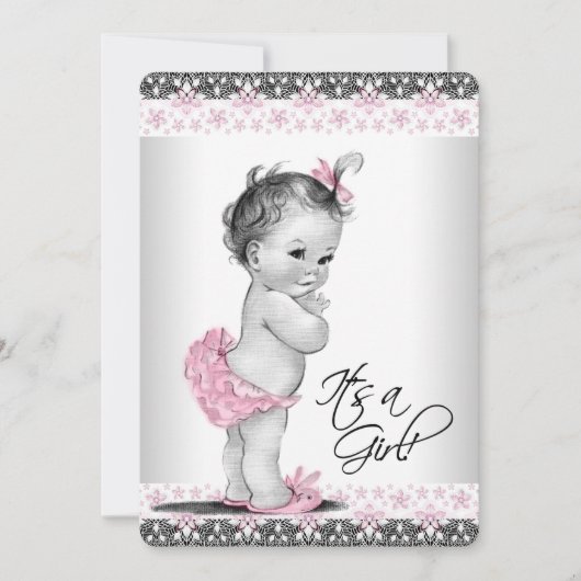  roze en grijs babymeisje kaart (Voorkant)