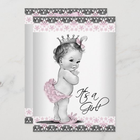 roze en grijs babymeisje kaart (Voorkant / Achterkant)