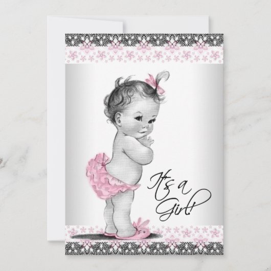  roze en grijs babymeisje kaart (Voorkant)