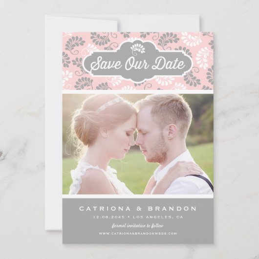 Roze en Grijs Bloemen Patroon Foto Opslaan Onze Da Save The Date (Voorkant)