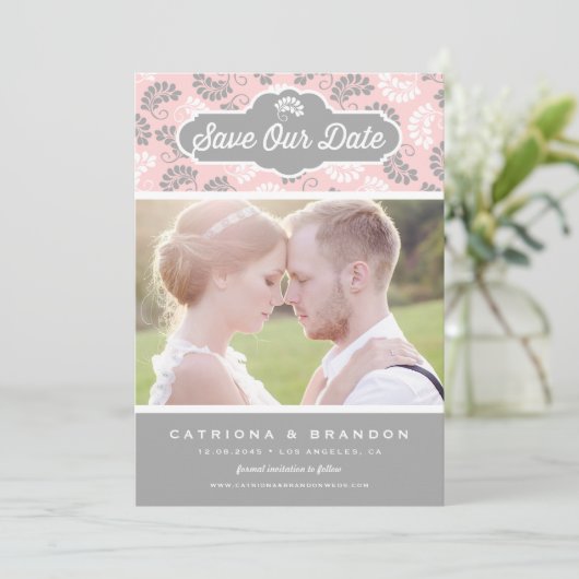 Roze en Grijs Bloemen Patroon Foto Opslaan Onze Da Save The Date (Staand voorkant)