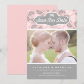 Roze en Grijs Bloemen Patroon Foto Opslaan Onze Da Save The Date (Voorkant / Achterkant)