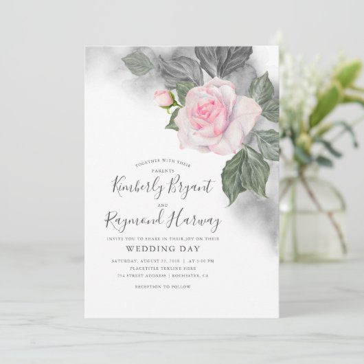 Roze en Grijs Bloemen Waterverf Elegante Bruiloft Kaart (Staand voorkant)