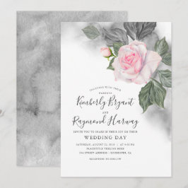 Roze en Grijs Bloemen Waterverf Elegante Bruiloft Kaart