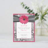 Roze en grijs bloemendamasker bruiloft antwoordkaa RSVP kaartje (Staand voorkant)