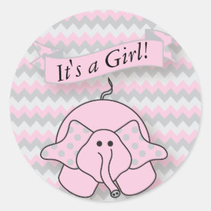 Roze en Grijs Chevron Baby Olifant Ronde Sticker
