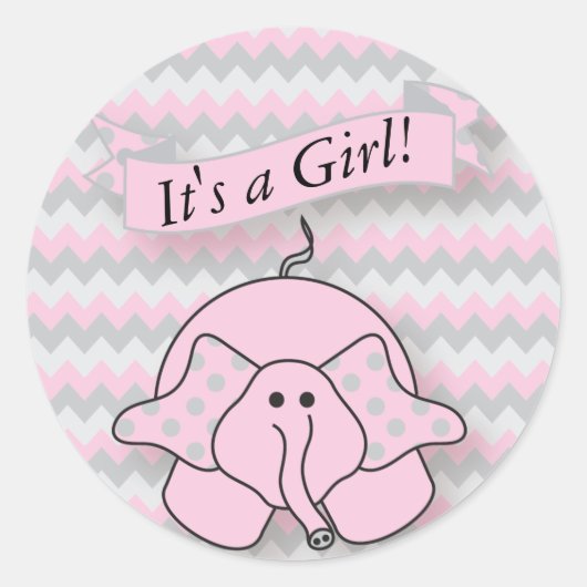 Roze en Grijs Chevron Baby Olifant Ronde Sticker (Voorkant)