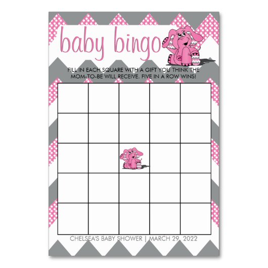 Roze en Grijs Chevron Olifant Baby shower Bingo Kaart (Voorkant)