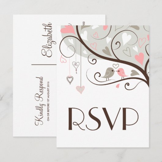 Roze en grijs | Cute Lovevogels Wedding RSVP Brief Uitnodiging Briefkaart (Voorkant / Achterkant)