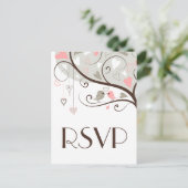 Roze en grijs | Cute Lovevogels Wedding RSVP Brief Uitnodiging Briefkaart (Staand voorkant)