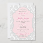 Roze en grijs Damask Baby shower Invitation Kaart (Voorkant)