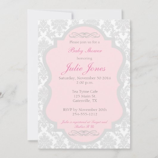 Roze en grijs Damask Baby shower Invitation Kaart (Voorkant)