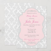 Roze en grijs Damask Baby shower Invitation Kaart (Voorkant / Achterkant)