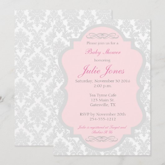 Roze en grijs Damask Baby shower Invitation Kaart (Voorkant / Achterkant)