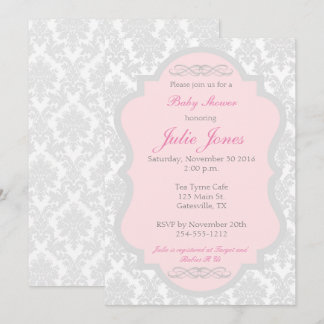 Roze en grijs Damask Baby shower Invitation Kaart