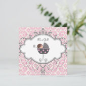 Roze en grijs Damask Baby shower Kaart (Staand voorkant)