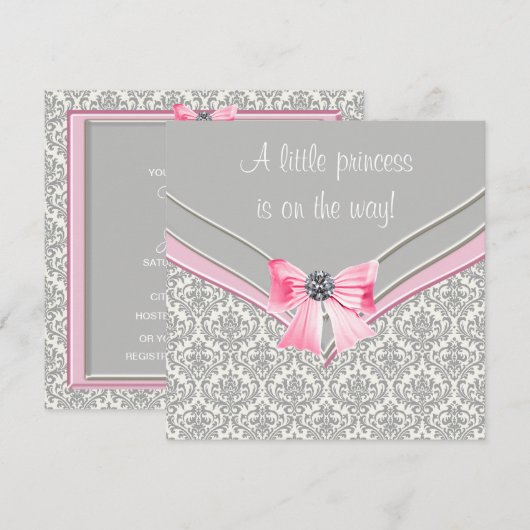 Roze en Grijs Damask Roze Bow Princess Baby shower Kaart (Voorkant / Achterkant)