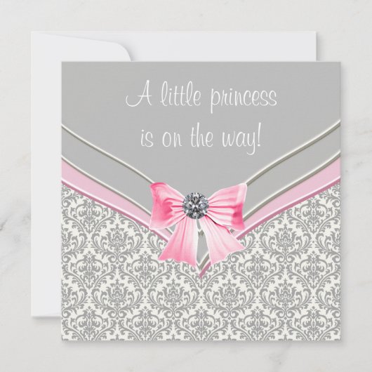 Roze en Grijs Damask Roze Bow Princess Baby shower Kaart (Voorkant)