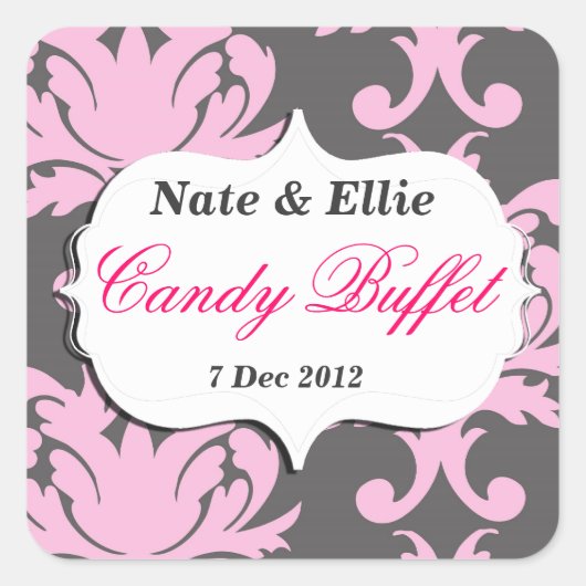 Roze en Grijs Damask Snoep Buffet Sticker (Voorkant)
