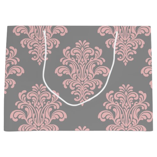 Roze en grijs damast patroon groot cadeauzakje (Voorkant)