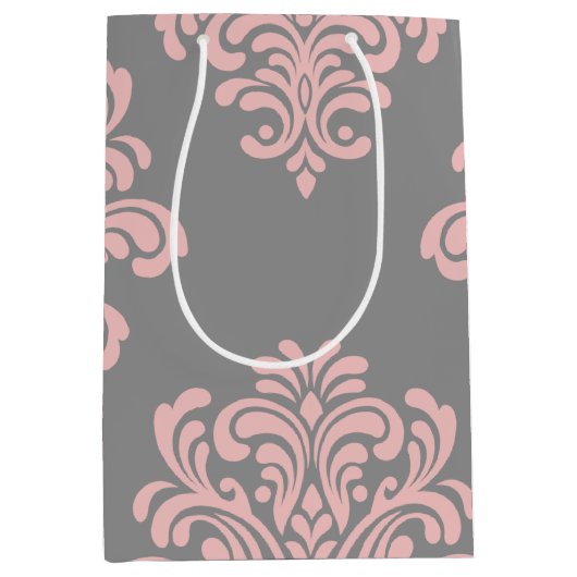 Roze en grijs damast patroon medium cadeauzakje (Voorkant)