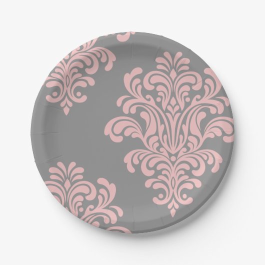Roze en grijs damast patroon papieren bordje (Voorkant)