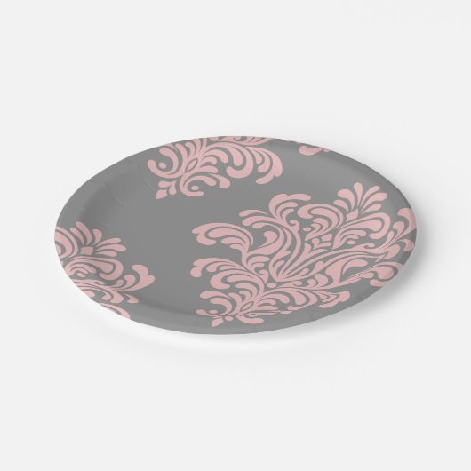 Roze en grijs damast patroon papieren bordje (Gekanteld)