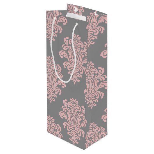 Roze en grijs damast patroon wijn cadeautas (Achterkant Gekanteld)