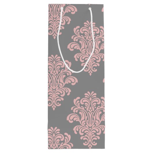 Roze en grijs damast patroon wijn cadeautas (Achterkant)