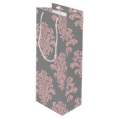 Roze en grijs damast patroon wijn cadeautas (Voorkant Gekanteld)