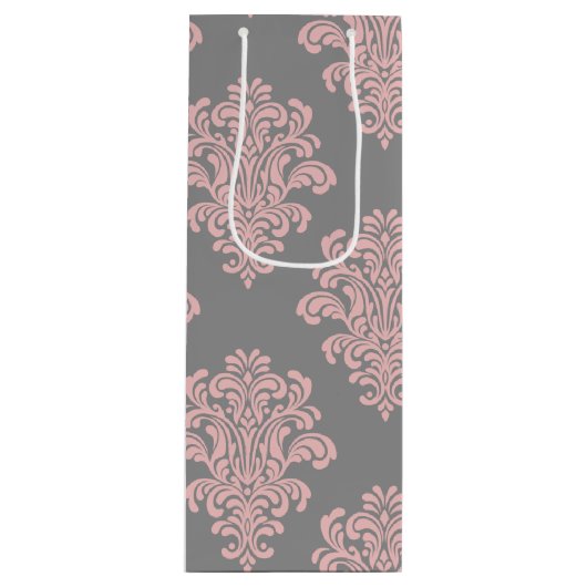 Roze en grijs damast patroon wijn cadeautas (Voorkant)