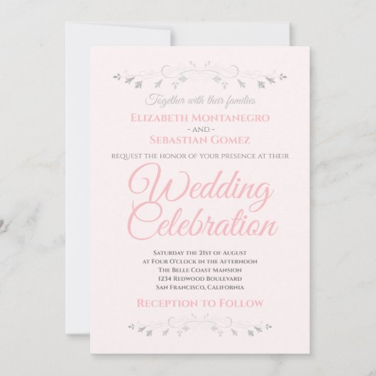 Roze en Grijs Eenvoudige Elegante Huwelijksuitnodi Kaart (Voorkant)