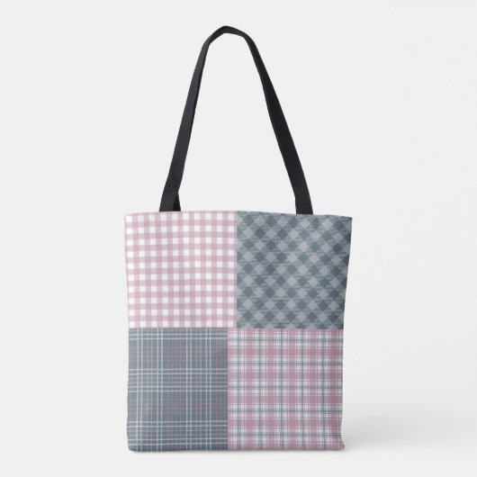 Roze en grijs geruite patchwork gepersonaliseerd T Tote Bag (Achterkant)
