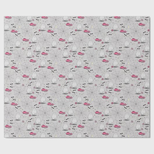 Roze en Grijs Halloween Schattige Cat Ghost Cadeaupapier (Vlak)