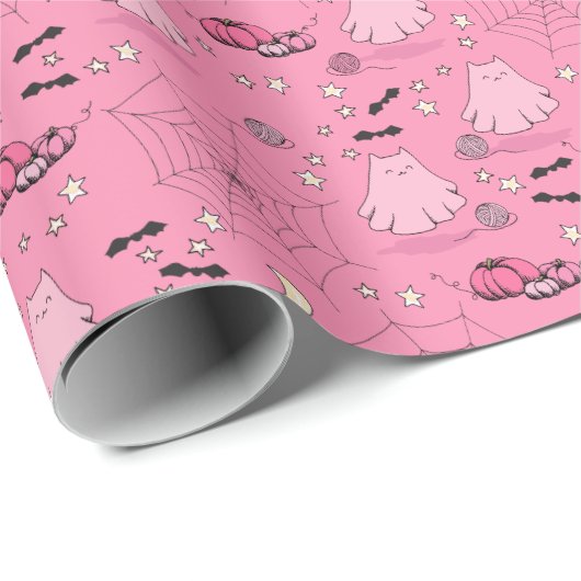 Roze en Grijs Halloween Schattige Cat Ghost Cadeaupapier (Rol Hoek)