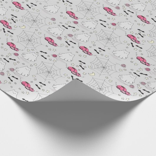 Roze en Grijs Halloween Schattige Cat Ghost Cadeaupapier (Hoek)