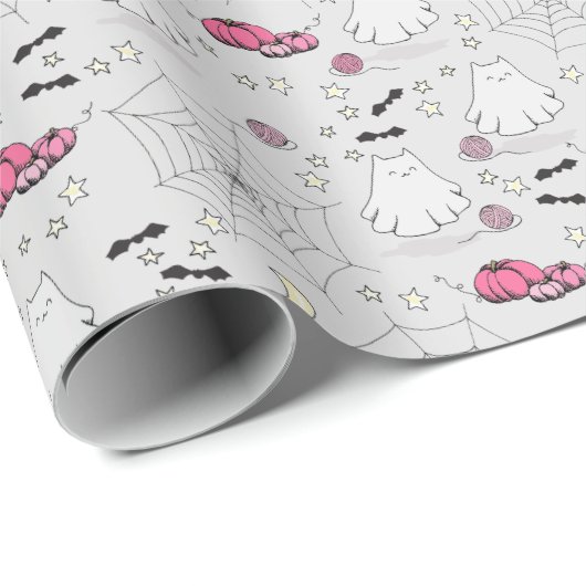 Roze en Grijs Halloween Schattige Cat Ghost Cadeaupapier (Rol Hoek)