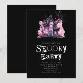 Roze en Grijs Haunted House Halloween Party Kaart (Voorkant / Achterkant)