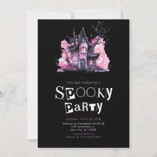 Roze en Grijs Haunted House Halloween Party Kaart
