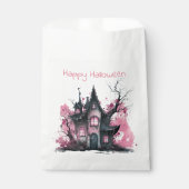 Roze en Grijs Haunted House Happy Halloween Bedankzakje (Voorkant)