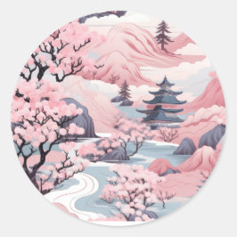 Roze en Grijs Japans landschap Sticker