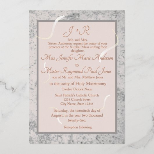 Roze en Grijs Marmer Traditionele Katholieke Bruil Folie Uitnodiging (Voorkant)