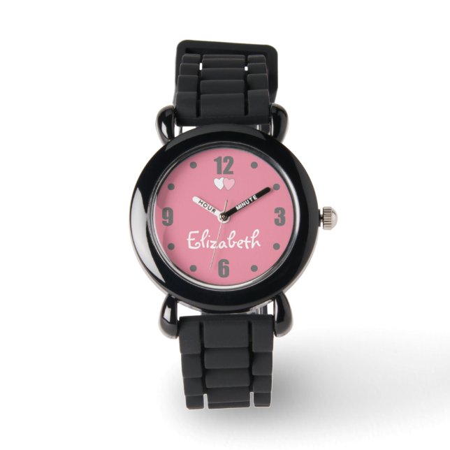 Roze en grijs met harten en naam horloge (Voorkant)