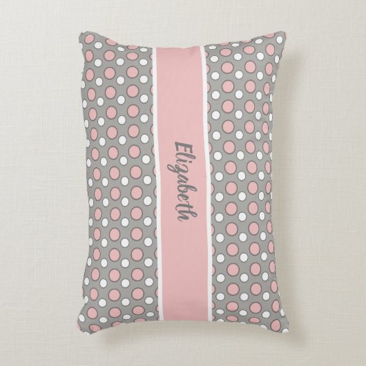 Roze en grijs met poolpunten en naam accent kussen (Voorkant(Verticaal))