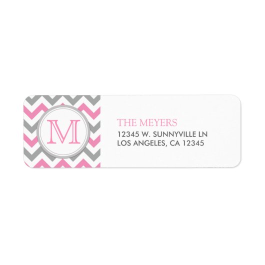 Roze en Grijs Moderne Chevron met Monogram Etiket (Voorkant)