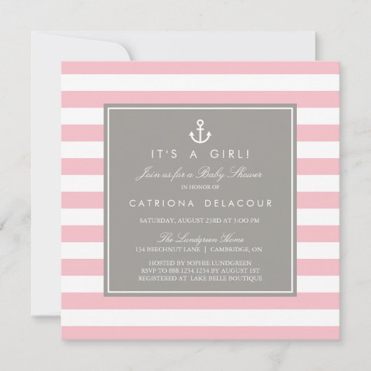 Roze en Grijs Nautisch Baby shower Invitation Kaart (Voorkant)